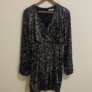 Suzy Shier Black and Gold Sequin Dress